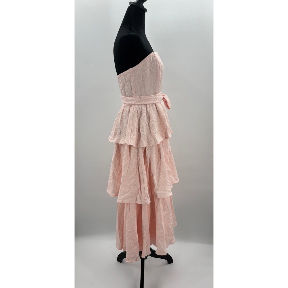 Lulus Truly Marvelous Pink Jacquard Strapless Tiered Midi Dress Bow Belt Size M - Picture 6 of 12